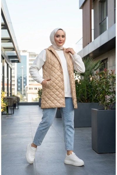 sefamerve Snap Fastener Quilted Vest 71150-01 Beige