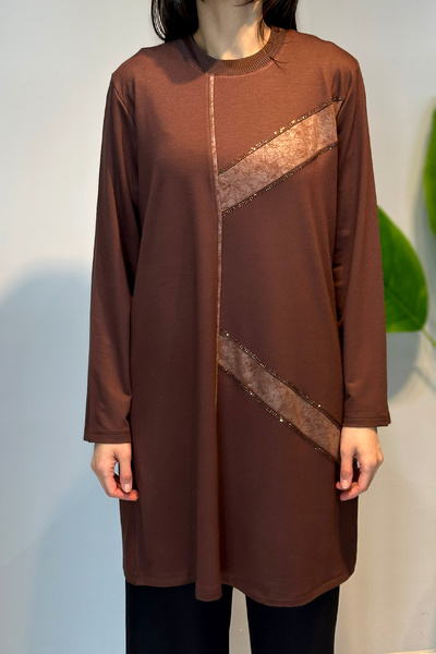 Lale Butik Combed Cotton Stone Detailed Tunic 45-97 Brown