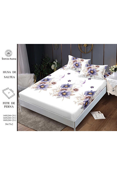 FIONNA.RO Husa cu Elastic si Fete de Perna Din Finet 160x200cm - Alb Cu Flori...