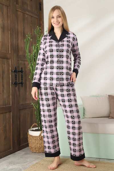 ALİMER Women's Pajama Set - Checkered Front Buttoned Long Sleeve Lycra 2828Ukl