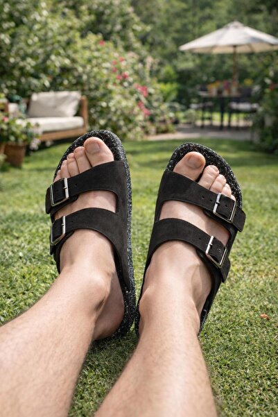 MODAONN Papuci pentru bărbați cu aspect de piele întoarsă și cataramă – Papuc...