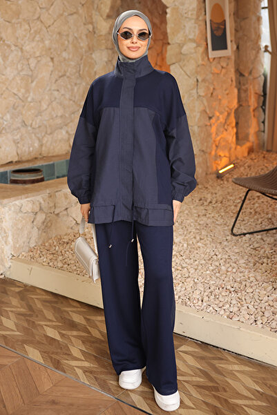 İmajButik طقم مودال بقطع قماش مخيطة معاً باللون الأزرق الداكن مع بنطلون تونيك