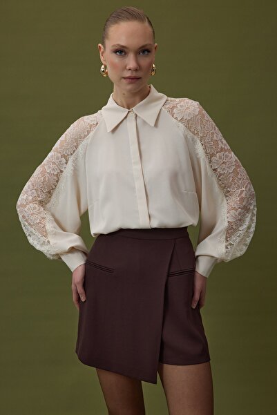 Sateen Shirt with Lace Detail on Sleeves - Beige