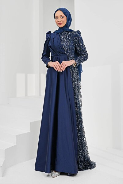 İmajButik Navy Blue Draped Front Sequined Satin Evening Dress