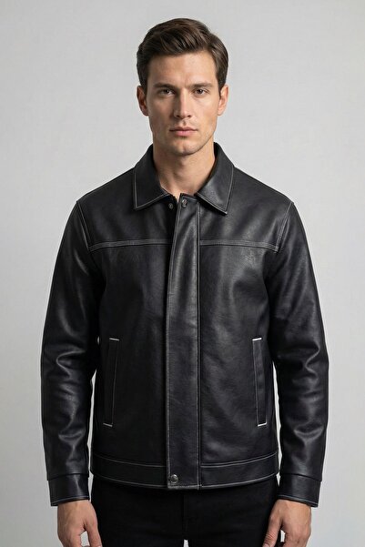 İBOS MODA Men's Slim Fit New Season Lined Leather Jacket
