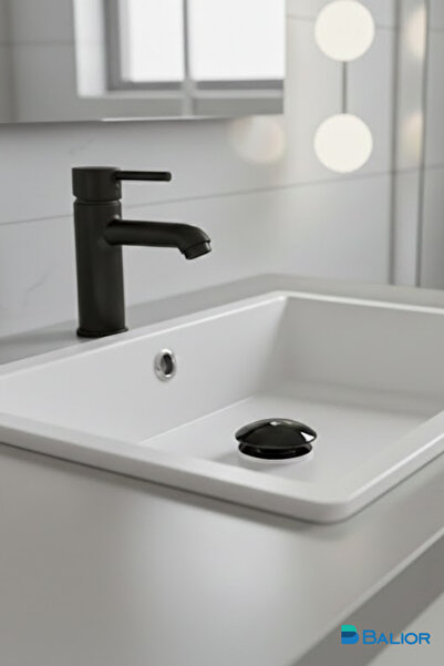 BALİOR Seramik Lavabo Sifonu Koku Engelleyici Aç-Kapa Parlak Siyah Taşmalı