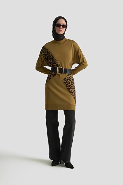 Armine TREND Leopar Desenli Triko Tunik Yağ Yeşili 25YTD4109