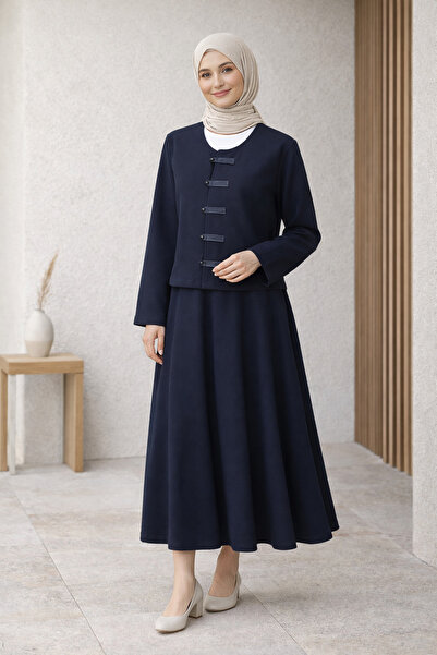 Kirazgym Leather Detailed Buttoned Front Skirt Thessaloniki Suit - Navy Blue