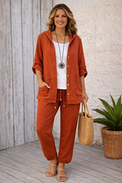 AGORATEKSTİL Women's Organic Muslin Fabric Shirt and Pants 2-Piece Set