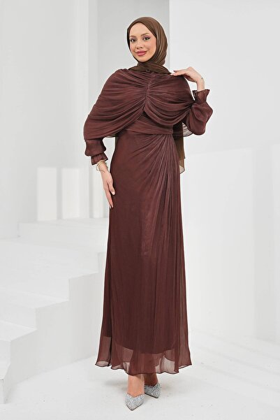 İmajButik Brown Draped Front Cape Evening Dress
