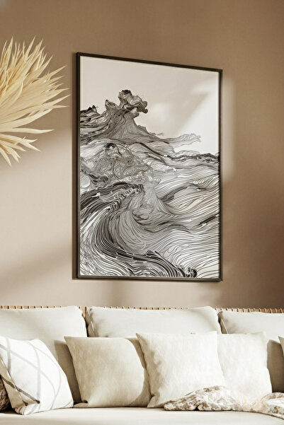 Yoko Home Ahşap Çerçeveli Monochrome Serisi Dalga Temalı Tablo, Salon, Ev, Ofis Duvar Dekorasyonu
