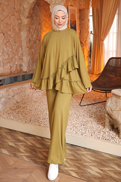 İmajButik Oil Green Skirt Ruffled Tunic Pants Modal Set