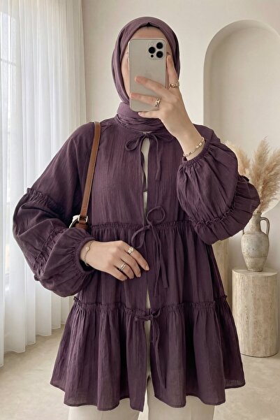 Modamorfo Layered Modal Shirt with Elastic Sleeves and Tie Front - Plum