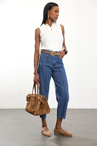 5in1Canpolat Μπλε τζιν με ψηλή μέση και λεπτομέρεια ραφής μπροστά 15018