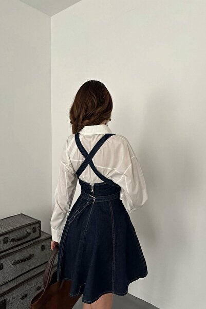 LOKADI Kadın Koyu Yıkama Denim Jile Elbise - Çapraz Sırt Detaylı Ayarlanabili...