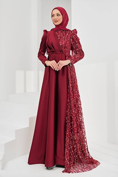 İmajButik Burgundy Draped Front Sequined Satin Evening Dress