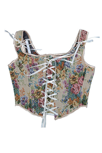Wenyi Retro Çiçek Desenli Askılı Korse Büstiyer