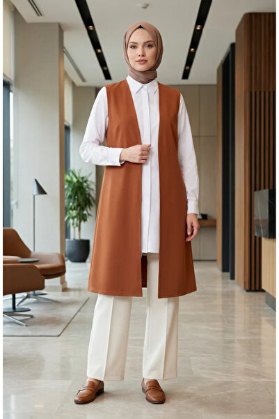 sefamerve Plus Size Seasonal Basic Vest Mother's Vest 8747B-01 Tan