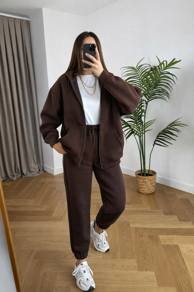 BARLİZ Women's 3-Thread Basic Hooded Zippered Cardigan Tracksuit Set