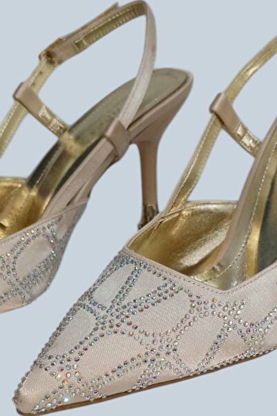 Moda Öncü Pointed Toe Open Back Stiletto Stone Pattern Evening Dress Heeled W...