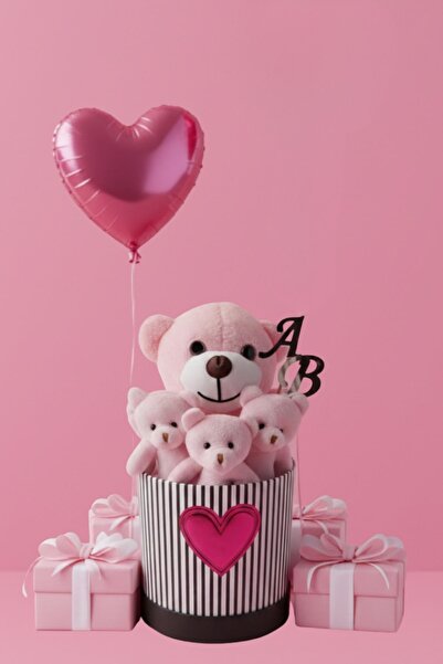 Livra Gift Kişiye Özel Baş Harfli Pembe Kalp Balonlu Peluş Ayıcık Buketi & Öz...