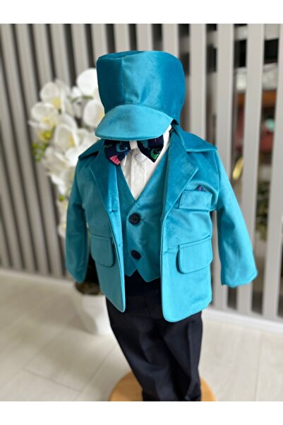 Inovius Costum botez 5 piese catifea, albastru deschis - DPH363 - Marime: 3-6...