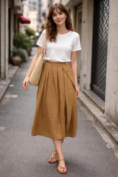 AGORATEKSTİL Women's New Season Buttoned % Cotton Fabric Skirt