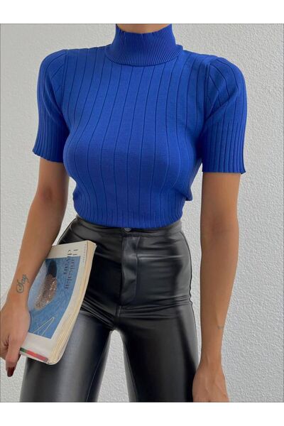 MAESTRO WOMAN Γυναικεία μπλούζα πλεκτή μπλε με κοντό μανίκι και ριμπ ύφανση