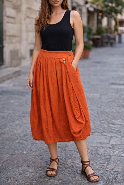 AGORATEKSTİL Women's New Season Buttoned % Cotton Fabric Skirt