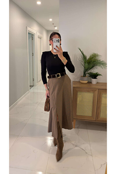 BİRCANÇİL Dewart Black Houndstooth Patterned Belted Dress