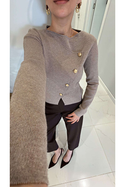 BİRCANÇİL Tidos Beige Asymmetrical Front Cardigan