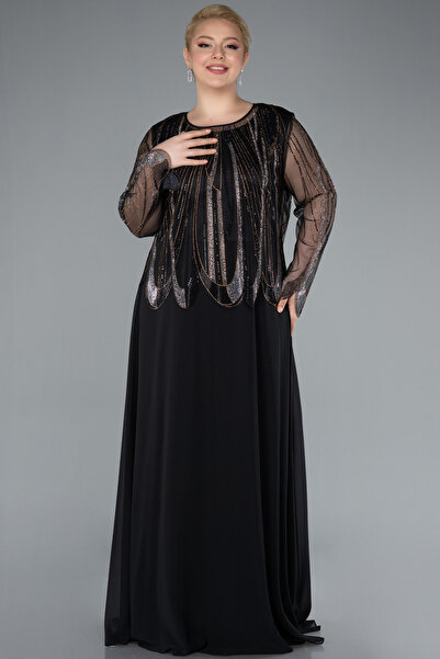 Abiyefon Siyah Uzun Kol Taşlı İki Parça Uzun Büyük Beden Abiye ABU4839