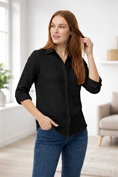 BRLKN Women's Long Sleeve Shirt Muslin Fabric with Pockets 100% Cotton Textur...