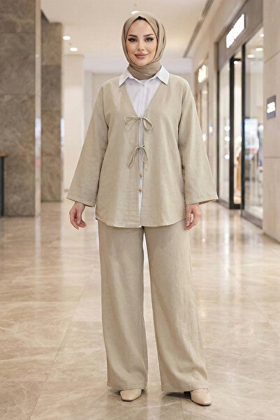 Kirazgym Tie-Front Kimono Pants Linen Set - Beige