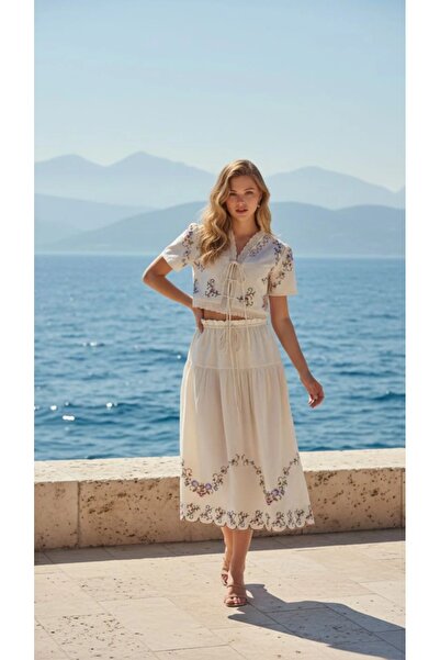 Lavanta Tekstil Guipure Lace Detailed Floral Embroidered Shirt Skirt Set