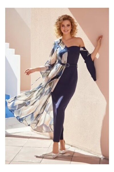 FULLJOY A long navy off-shoulder dress with chiffon in an attractive floral p...