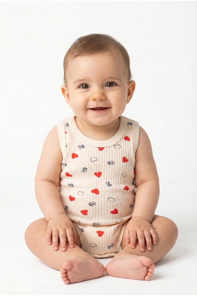 Noone Cream Corduroy Red Heart and Love Patterned Sleeveless Cotton Baby Body...