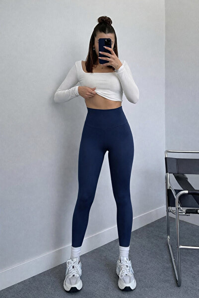 SARA High Waist Gathering Effect Navy Blue Sports Leggings Women's Stretchy R...