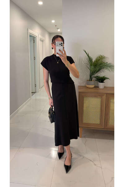 BİRCANÇİL Merod Black Blouse Skirt Knitwear Set