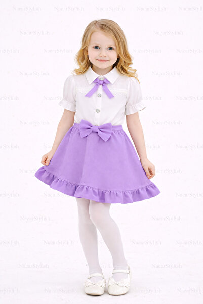 Nacar Kız Çocuk 23 Nisan 29 Ekim Yaka Dantel Detaylı Gömlek&Double Kumaş Kloş...