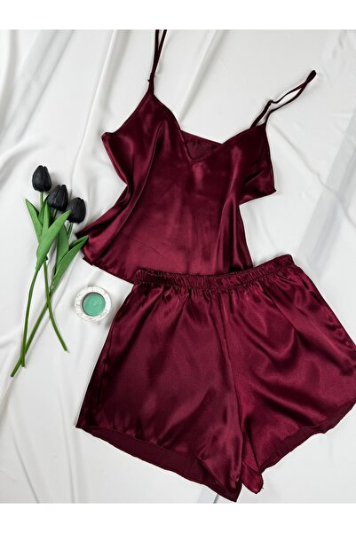 ROZENİN LINGERIE Burgundy Adjustable Strap Satin Pajama Set
