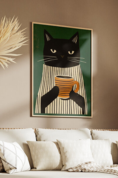 Striped Cat Coffee Themed Decorative Table with Wooden Frame, Living Room, Kitchen, Cafe, Room Wall Table