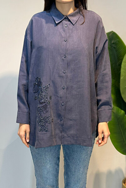 Lale Butik Beaded Embroidery Detailed Shirt Tunic 2964 Indigo