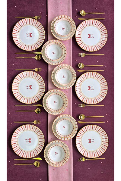 Erbaşlar Elegans Kırmızı 18 Parça 6 Kişilik Lüx Yemek Takımı, Yemek Seti