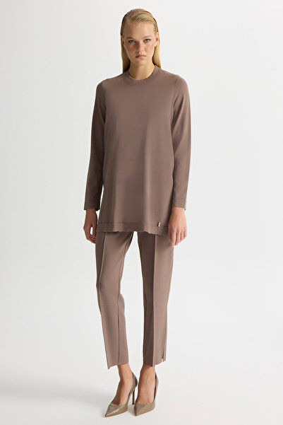 MISS DALIDA Dar Paça Basic Triko Pantolon Kahverengi Pudra