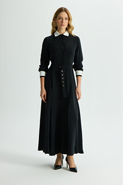 MISS DALIDA Yakası ve Bilekleri Triko Cupro Elbise Siyah