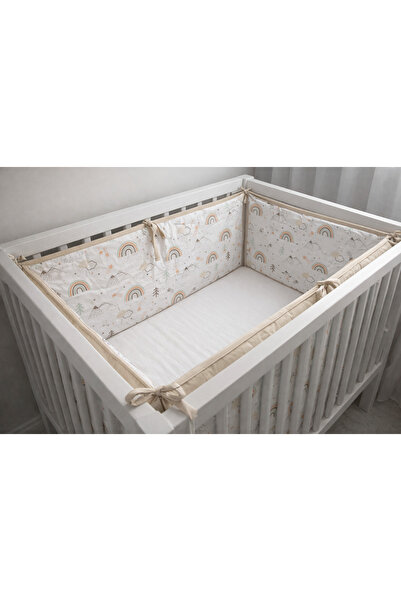 Jaju Baby 70x140 cm Çift Taraflı Beşik Koruma – Bej & Gökkuşağı Desenli (Bağc...