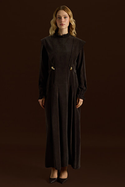 MISS DALIDA Aksesuar Detaylı Cupro Elbise Kahverengi