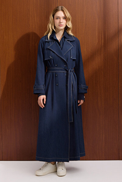 MISS DALIDA Düz Renk Denim Trenchkot Navy Blue