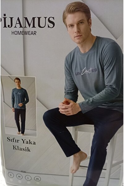 PİJAMUS Men's Zero Collar Classic Wide Fit Combed Cotton Pajama Set